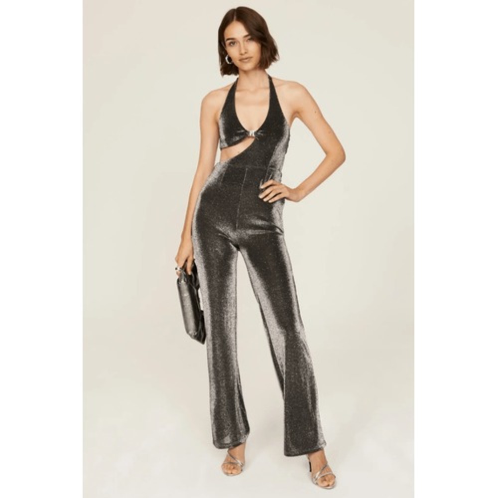 ROTATE Birger Christensen Black Metallic Silver Isha Jumpsuit‎ Size 36 EUR 4 US